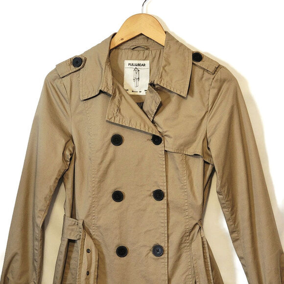Pull & Bear Double Breasted Belt Tie Waist Mid Length Tan Trench Coat Size S - Picture 3 of 16